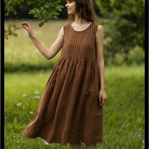 Son de Flor plaid check brown 100% linen dress size M